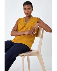Roman - Sleeveless V-Neck Lace Trim Cotton Top - Lyst