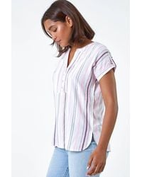 Roman - Stripe Print Button Detail V-Neck Top - Lyst