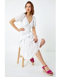 Roman - Broderie Puff Sleeve Cotton Midi Dress - Lyst