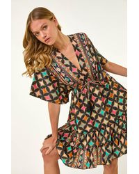 Roman - Geometric Boho Print V-Neck Mini Dress - Lyst