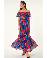 Roman - Floral Print Bardot Belted Maxi Dress - Lyst