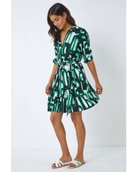 Roman - Belted Frill Hem Geometric Print Dress - Lyst