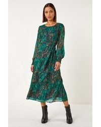 Roman - Abstract Print Shirred Cuff Midi Dress - Lyst