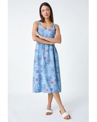 Roman - Floral Denim Look Shirred Dress - Lyst