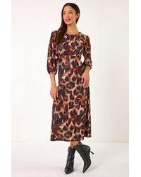 Roman - Animal Print Gathered Stretch Midi Dress - Lyst