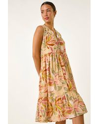 Roman - Leaf Print Lace Detail Smock Dress - Lyst