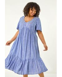 Roman Curve - Stripe Print V-Neck Midi Dress - Lyst