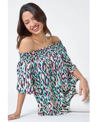 Roman - Contrast Animal Print Bardot Top - Lyst