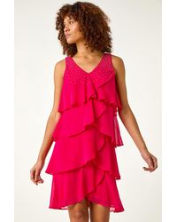 Roman - Embellished Hotfix Tiered Chiffon Dress - Lyst