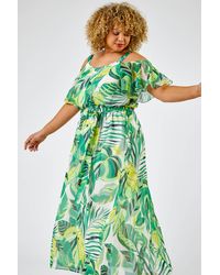 Roman - Curve Tropical Leaf Print Cold Shoulder Maxi Dress - Lyst
