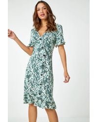 Roman - Stretch Floral Print Button Tea Dress - Lyst