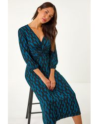Roman - Geometric Print Twist Front Midi Dress - Lyst
