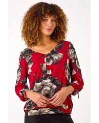 Roman - V-Neck Floral Print Tie Sleeve Top - Lyst