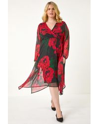 Roman Curve - Floral Print Wrap Stretch Midi Dress - Lyst