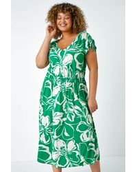 Roman Curve - Floral Print Ruched Stretch Midi Dress - Lyst