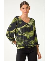 Roman - Brush Print V-Neck Tie Sleeve Top - Lyst