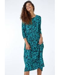 Roman - Leaf Print Midi Stretch Dress - Lyst