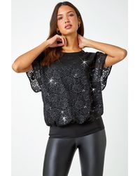 Roman - Sequin Lace Overlay Stretch Top - Lyst