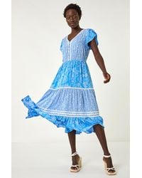 Roman - Floral Contrast Stitch Midi Dress - Lyst