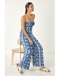 Roman - Abstract Shirred Bardot Jumpsuit - Lyst