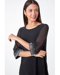 Roman - Sparkle Embellished Cuff Chiffon Top - Lyst