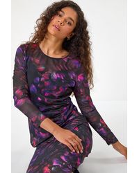 Roman - Blurred Print Ruched Stretch Mesh Top - Lyst