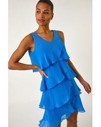Roman - Embellished Hotfix Tiered Chiffon Dress - Lyst