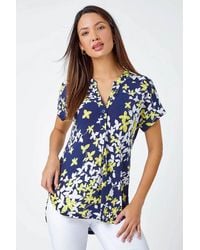 Roman - Floral Puff Print V-Neck Pleat Front Top - Lyst