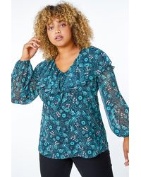 Roman Curve - Floral V-Neck Frill Top - Lyst