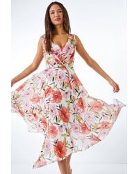 Roman - Floral Chiffon Hanky Hem Asymmetric Dress - Lyst