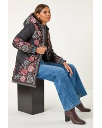 Roman - Floral Print Quilted Hooded Coat - Lyst