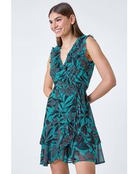 Roman - Leaf Print Frill Wrap Dress - Lyst