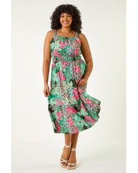 Roman Curve - Animal Floral Square Neck Midi Dress - Lyst
