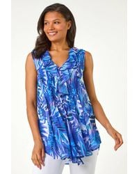 Roman - Leaf Print Ruffle Front Buttoned Blouse - Lyst