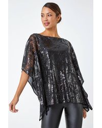 Roman - Sequin Overlay Stretch Chiffon Top - Lyst