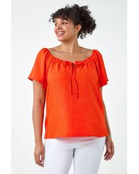 Roman Curve - Tie Detail Linen Look Bardot Top - Lyst