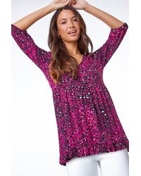 Roman - Animal Print Smock V-Neck Stretch Top - Lyst