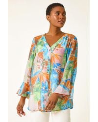 Roman - Tropical Print Frill Sleeve Top - Lyst