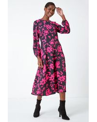 Roman - Floral Contrast Print Midi Dress - Lyst
