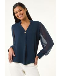 Roman - Chiffon Sleeve V-Neck Pleated Top - Lyst
