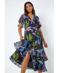 Roman - Tropical Print Chiffon Tiered Wrap Midi Dress - Lyst