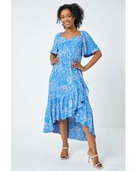 Roman Petite - Floral Print Ruched Midi Dress - Lyst