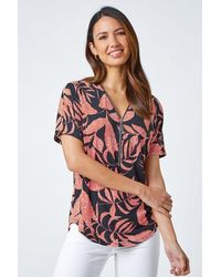 Roman - Leaf Print Zip Detail V-Neck Stretch Top - Lyst