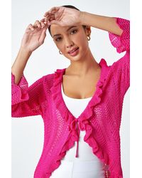 Roman - Pointelle Knit Frill Trim V-Neck Cardigan - Lyst