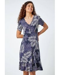 Roman - Tropical Leaf Frill Stretch Wrap Dress - Lyst