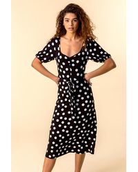 Roman - Ruched Neck Spot Print Midi Dress - Lyst