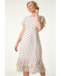 Roman Petite - Spot Print Double Frill Midi Dress - Lyst