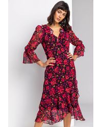 Roman - Floral Print Chiffon Frill Midi Dress - Lyst