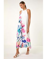 Roman - Floral Placement Halter Neck Midi Dress - Lyst