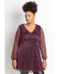 Roman Curve - Metallic Plisse Frill Neck Tunic Top - Lyst